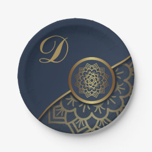 Personalised Luxury Gold Mandala Art Blue Paper Plate