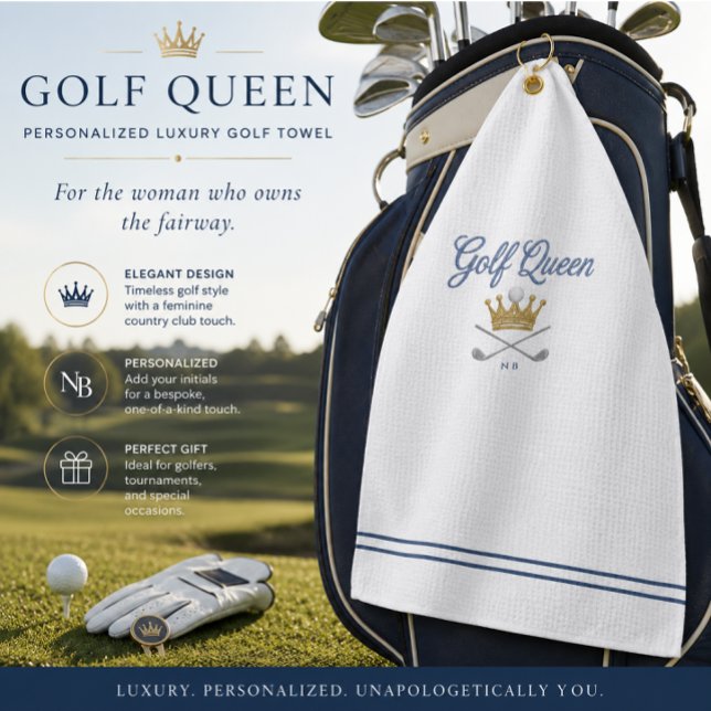Personalised Luxury Golf Towel GOLF QUEEN (Luxury personalized golf towel with elegant country club styling for stylish women golfers.)