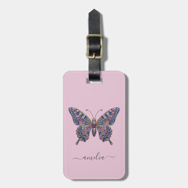Personalised Luxury Sparkling Glitter Butterfly Luggage Tag (Front Vertical)