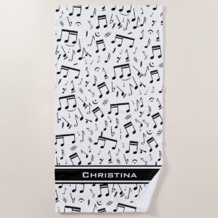 Personalised Luxury White and Black Music Notes Beach Towel