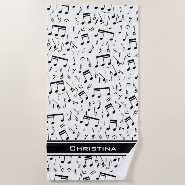 Personalised Luxury White and Black Music Notes Beach Towel (Front)