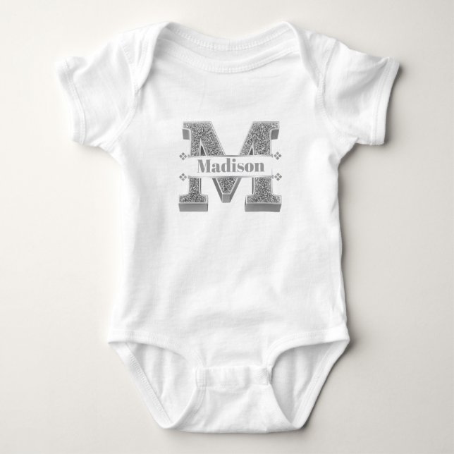 Personalised M Initial Silver Monogram Your Name Baby Bodysuit (Front)