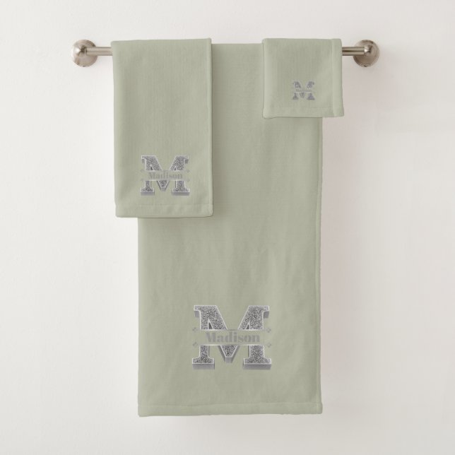 Personalised M Initial Silver Monogram Your Name Bath Towel Set (Insitu)