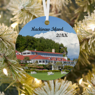 Personalised Mackinaw Island Hotel Christmas Metal Tree Decoration