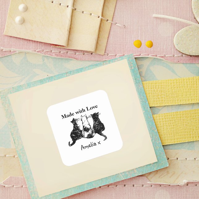 Personalised Made With Love Cat Square Sticker (Crafters and cat lovers unite!)