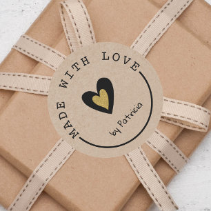 Personalised Made With Love Gold Heart Kraft    Classic Round Sticker