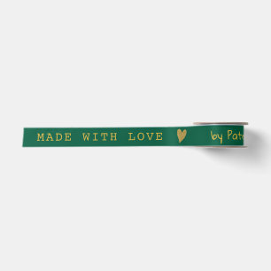 Personalised Made With Love Green And Gold Heart Satin Ribbon