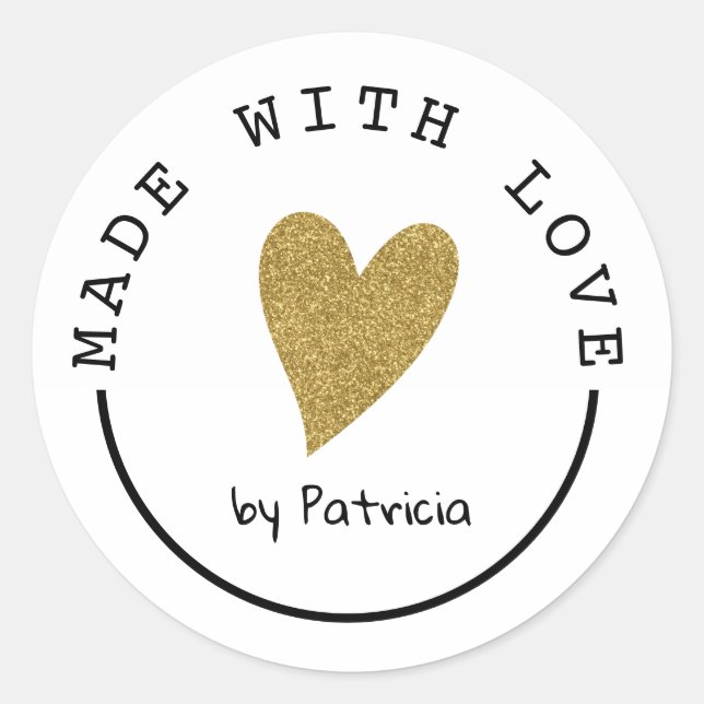 Personalised Made With Love Heart Gold Glitter Classic Round Sticker (Front)
