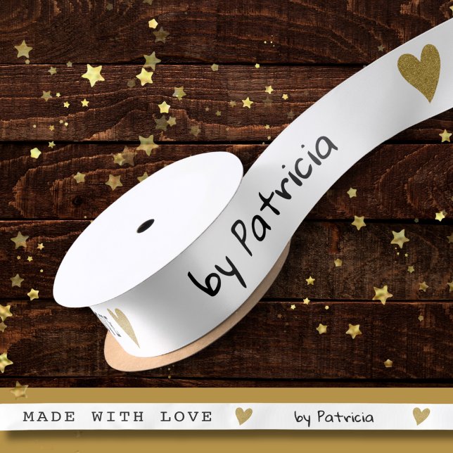 Personalised Made With Love Heart Gold Glitter Satin Ribbon (Creator Uploaded)