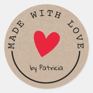 Personalised Made With Love Red Heart Kraft Classic Round Sticker