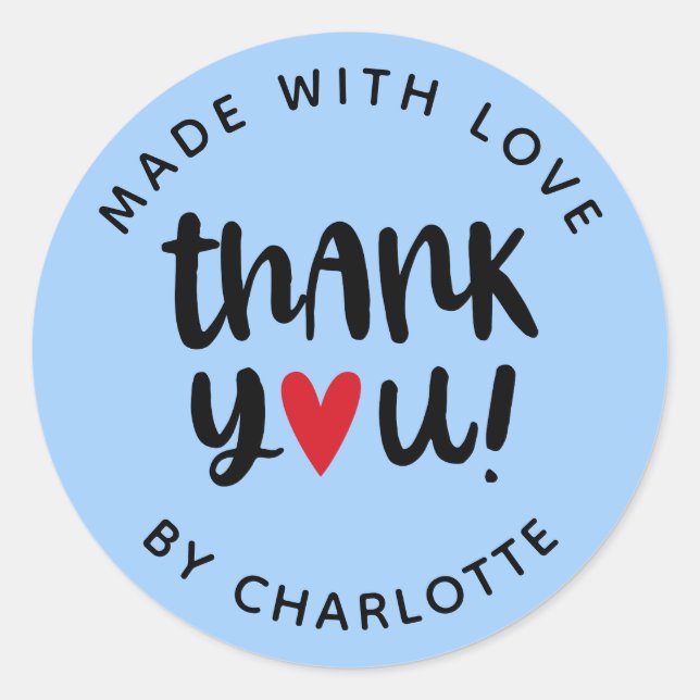 Personalised Made With Love Thank You Classic Round Sticker (Front)