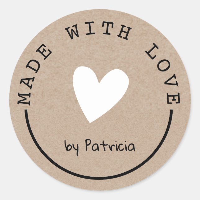 Personalised Made With Love White Heart Kraft  Classic Round Sticker (Front)