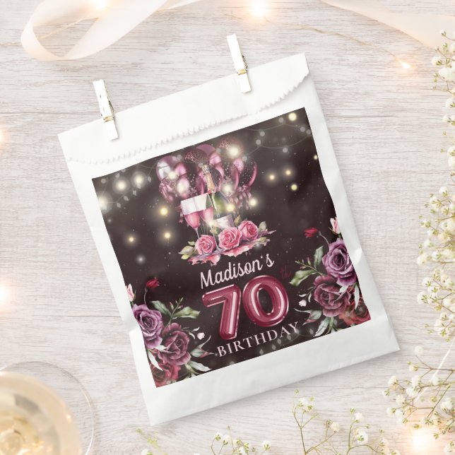 Personalised Magenta Wine 70th Birthday Favour Bag (Clipped)