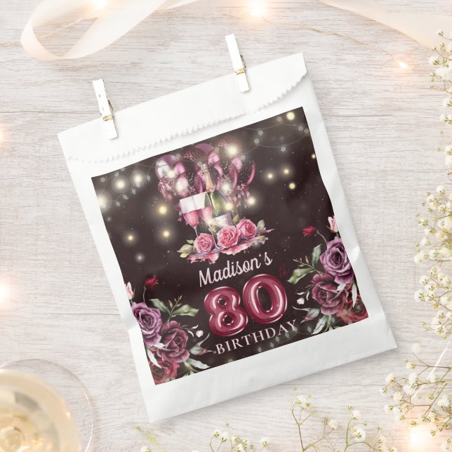 Personalised Magenta Wine 80th Birthday Favour Bag (Clipped)