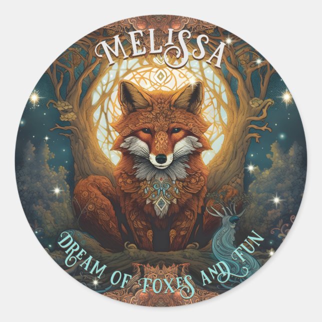 Personalised Magical Moonlit Celtic Fox Branding Classic Round Sticker (Front)