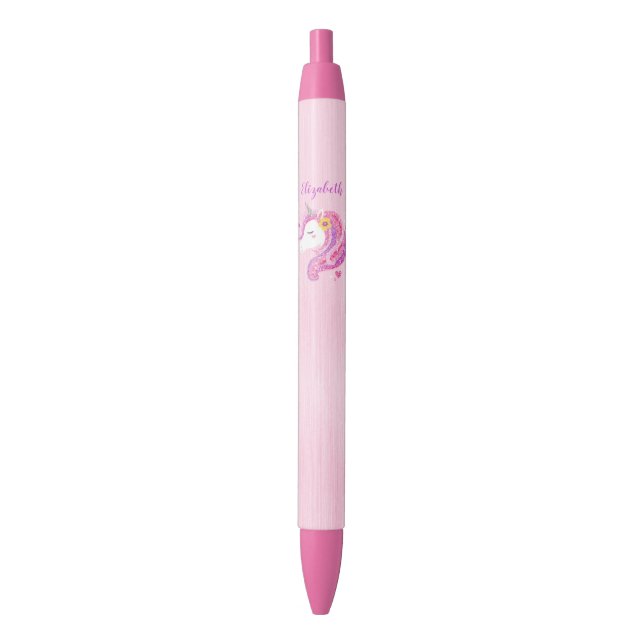 Personalised Magical Pink Glitter Unicorn Face  Black Ink Pen (Front Vertical)