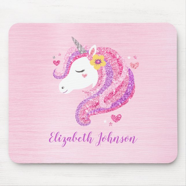 Personalised Magical Pink Glitter Unicorn Face  Mouse Pad (Front)