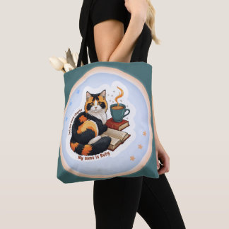 Personalised Magical Teal Calico Cat Bookworm Tote Bag