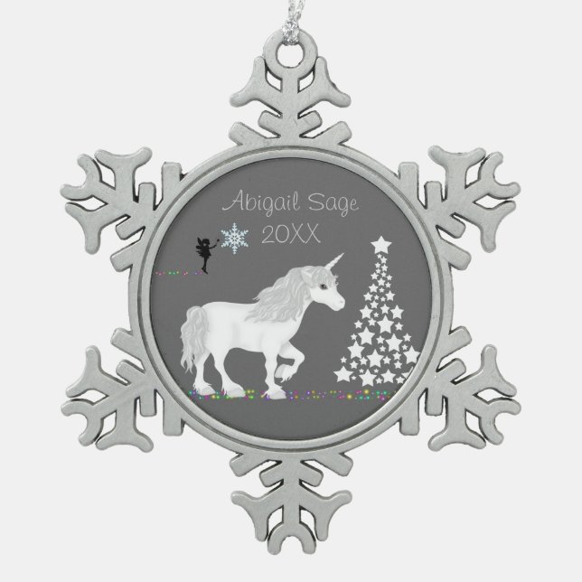 Personalised Magical White Unicorn and Fairy Snowflake Pewter Christmas Ornament (Front)