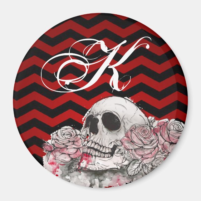Personalised Magnet skull Rose Gothic Chevron red (Front)