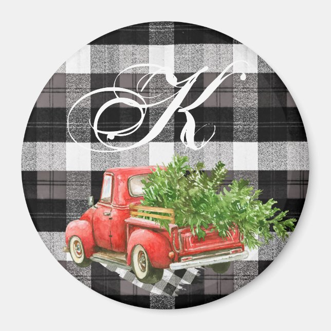 Personalised Magnet XMAS Truck Buffalo Plaid Black (Front)