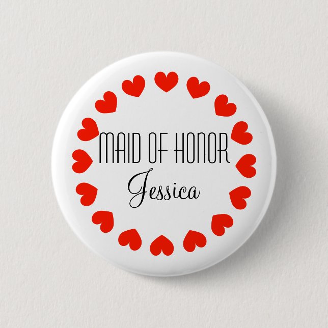 Personalised maid of honour buttons with red heart (Front)