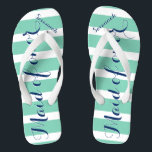 Personalised Maid of Honour Navy and Mint Thongs<br><div class="desc">Navy Blue and Mint Stripes Pattern - Change to Any Colour by clicking customise. And say anything you want.  Make these one of a kind flip flops that have YOUR message on them.  Be the talk of the beach!</div>