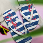 Personalised Maid of Honour Navy and Pink Thongs<br><div class="desc">Navy Blue White and Pink Stripes Pattern - Change to Any Colour by clicking customise. And say anything you want.  Make these one of a kind flip flops that have YOUR message on them.  Be the talk of the beach!</div>