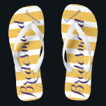 Personalised Maid of Honour Purple Mustard Yellow Thongs<br><div class="desc">Mustard Yellow and Purple Stripes Pattern - Change to Any Colour by clicking customise. And say anything you want.  Make these one of a kind flip flops that have YOUR message on them.  Be the talk of the beach!</div>