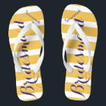 Personalised Maid of Honour Purple Mustard Yellow Thongs<br><div class="desc">Mustard Yellow and Purple Stripes Pattern - Change to Any Colour by clicking customise. And say anything you want.  Make these one of a kind flip flops that have YOUR message on them.  Be the talk of the beach!</div>