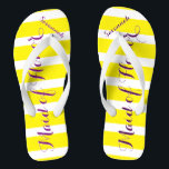 Personalised Maid of Honour Purple Yellow Any Colo Thongs<br><div class="desc">Yellow and White Stripes Pattern Purple Kiss Font - Change Yellow and Plum to Any Colour by clicking customise. And say anything you want.  Make these one of a kind flip flops that have YOUR message on them.  Be the talk of the beach!</div>