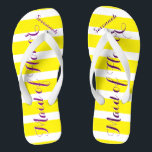 Personalised Maid of Honour Purple Yellow Any Colo Thongs<br><div class="desc">Yellow and White Stripes Pattern Purple Kiss Font - Change Yellow and Plum to Any Colour by clicking customise. And say anything you want.  Make these one of a kind flip flops that have YOUR message on them.  Be the talk of the beach!</div>