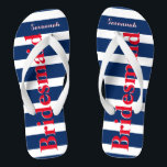 Personalised Maid of Honour Red White Blue Thongs<br><div class="desc">Mustard  Red White and Blue Stripes Pattern - Change to Any Colour by clicking customise. And say anything you want.  Make these one of a kind flip flops that have YOUR message on them.  Be the talk of the beach!</div>