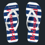 Personalised Maid of Honour Red White Blue Thongs<br><div class="desc">Mustard  Red White and Blue Stripes Pattern - Change to Any Colour by clicking customise. And say anything you want.  Make these one of a kind flip flops that have YOUR message on them.  Be the talk of the beach!</div>