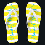 Personalised Maid of Honour Turquoise and Yellow Thongs<br><div class="desc">Primrose Blazing Yellow Elegance and White Stripes with Turquoise Aqua Blue Font - Change Yellow and Teal Font to Any Colour by clicking customise/edit. And say anything you want. Make these one of a kind flip flops that have YOUR message on them. Be the talk of the beach! bridesmaids, bachelorette...</div>