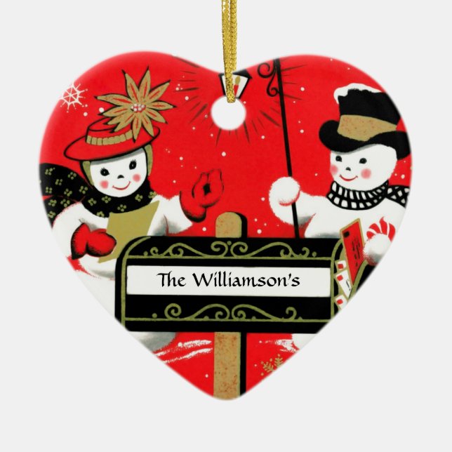 Personalised Mailbox Snowman Couple Ceramic Tree Decoration (Front)