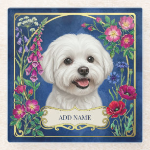 Personalised Maltese Dog Blue Floral Coaster