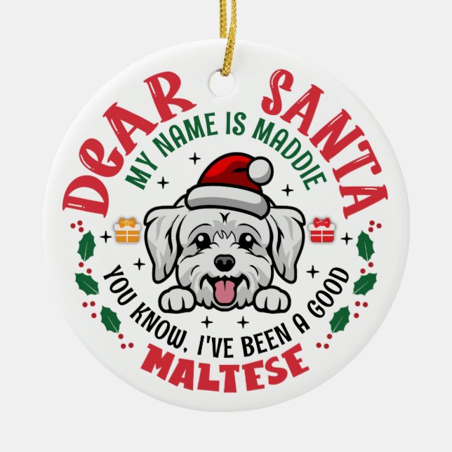 Personalised Maltese Dog Christmas Tree Round Ceramic Ornament (Front)