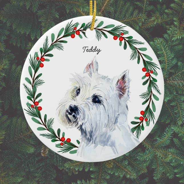 Personalised Maltese Dog Red Green Holiday Wreath Ceramic Ornament (Add name, or other short text, or delete name if not required.)