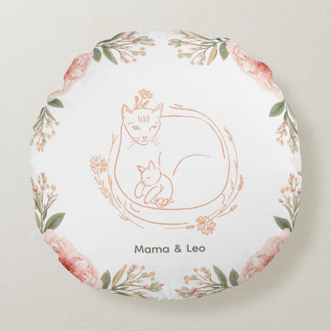 Personalised Mama Cat & Kitten Floral Pillow (Front)