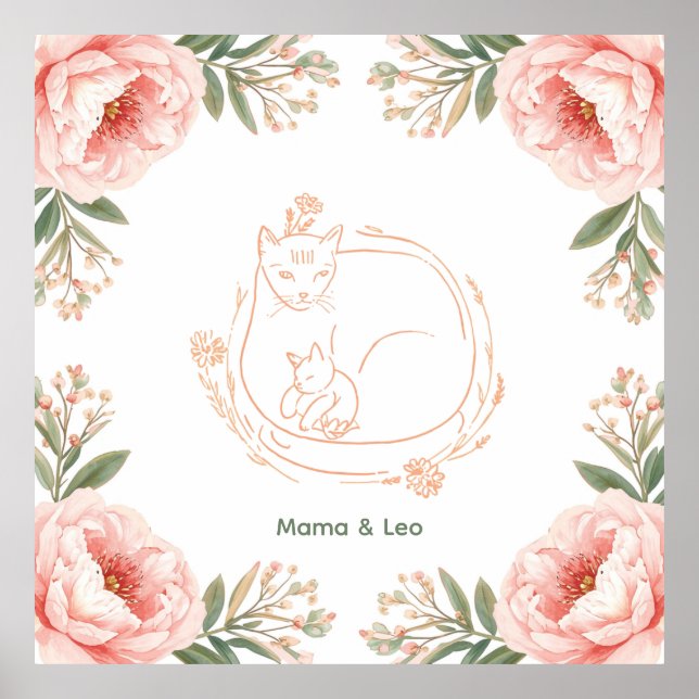 Personalised Mama Cat & Kitten Floral Poster (Front)