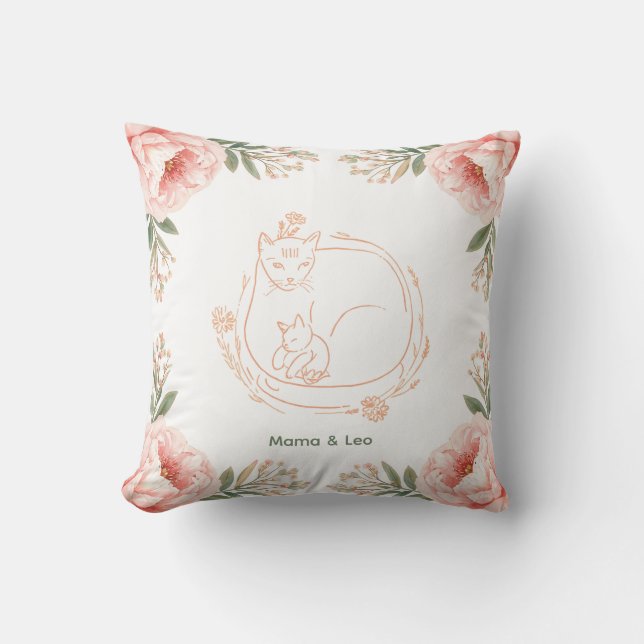 Personalised Mama Cat & Kitten Floral Throw Pillow (Front)