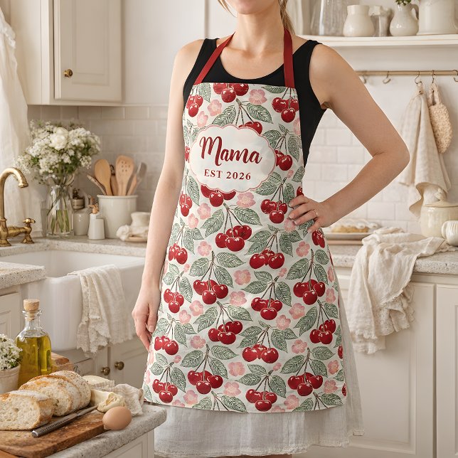 Personalised Mama Cherry Apron | Custom Name & Est (Mama Apron with Vintage Cherry Pattern.  Personalized Mama EST Apron- great gift for new moms)