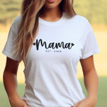 Personalised Mama Script Hearts Mother To Be Gift T-Shirt<br><div class="desc">Personalised MAMA shirt with handwritten script and heart design - perfect for new expecting moms, for baby shower gifts and Mother's Day. • Customisable EST. year to match new baby's birhday year • Elegant black, handwritten script typography with a heart on each side of "mama" • A meaningful gift for...</div>