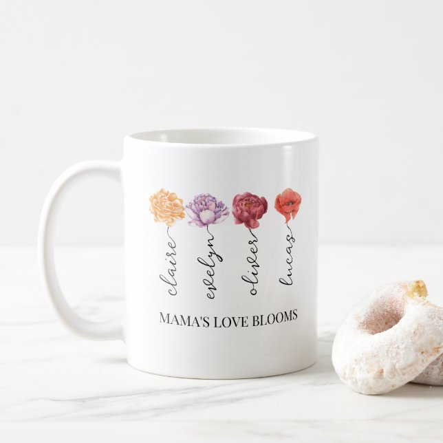 Personalised Mama's Love Blooms Birth Month Flower Coffee Mug (With Donut)