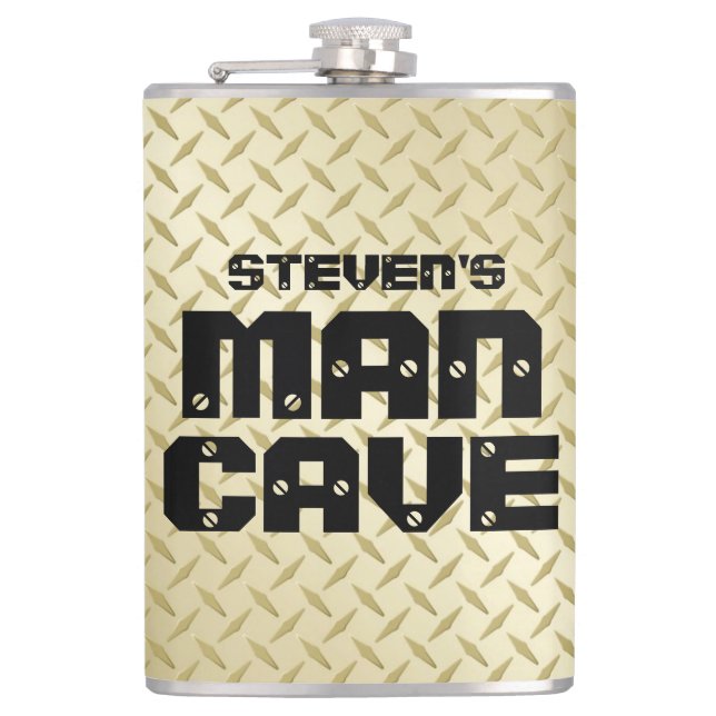 Personalised Man Cave Flask with Gold Tread Plate (Front)