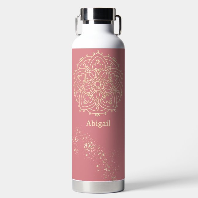 Personalised Mandala Rose Pink Gold Meditation Water Bottle (Front)
