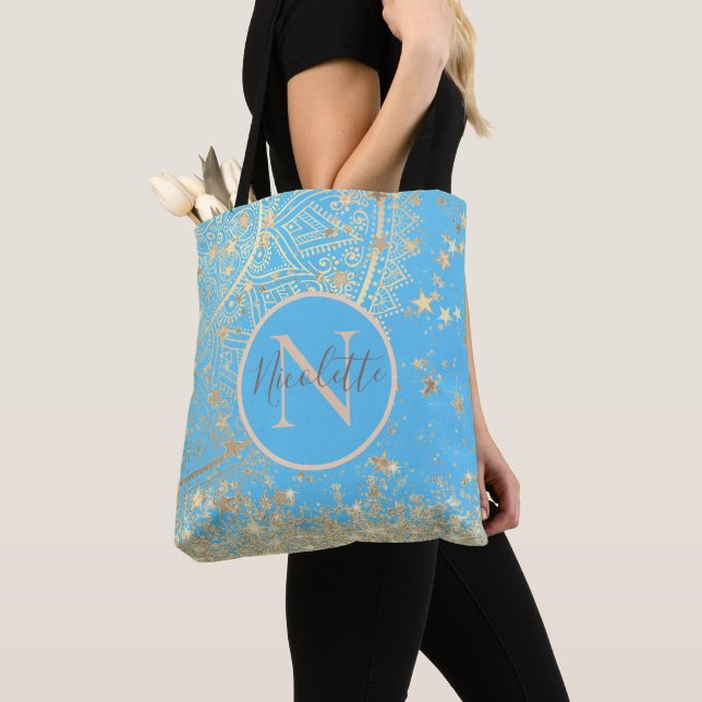 Personalised Mandala with Gold Stars Monogram Tote Bag (Close Up)