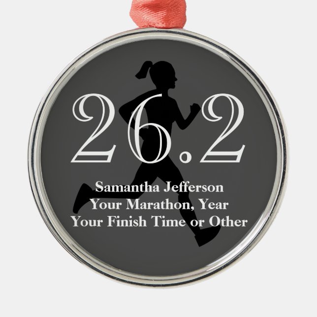 Personalised Marathon Runner 26.2 Womens Medal Metal Ornament (Front)