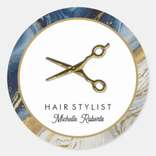 Personalised Marble Gold Scissors Hair Salon Classic Round Sticker
